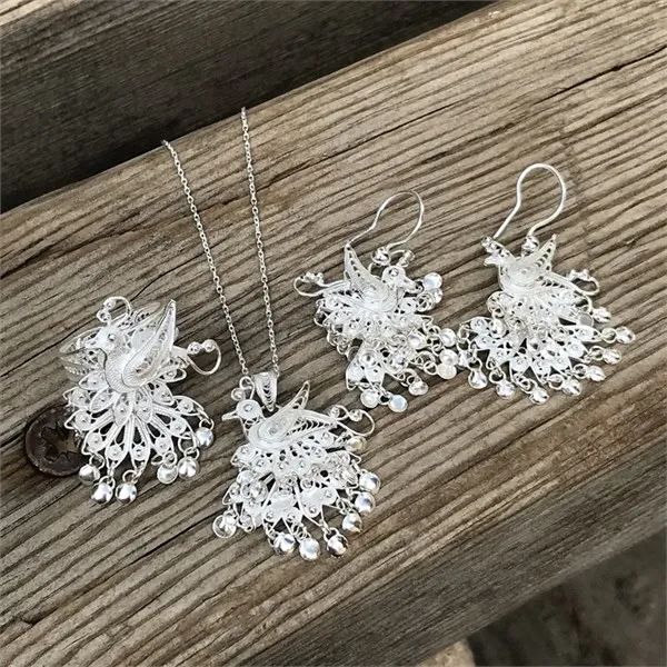 

Peacock 925 Sterling Silver Filigree Silver Set 1 * Necklace 2 * Earring 1 * Ring & Lady Fashion jewelry