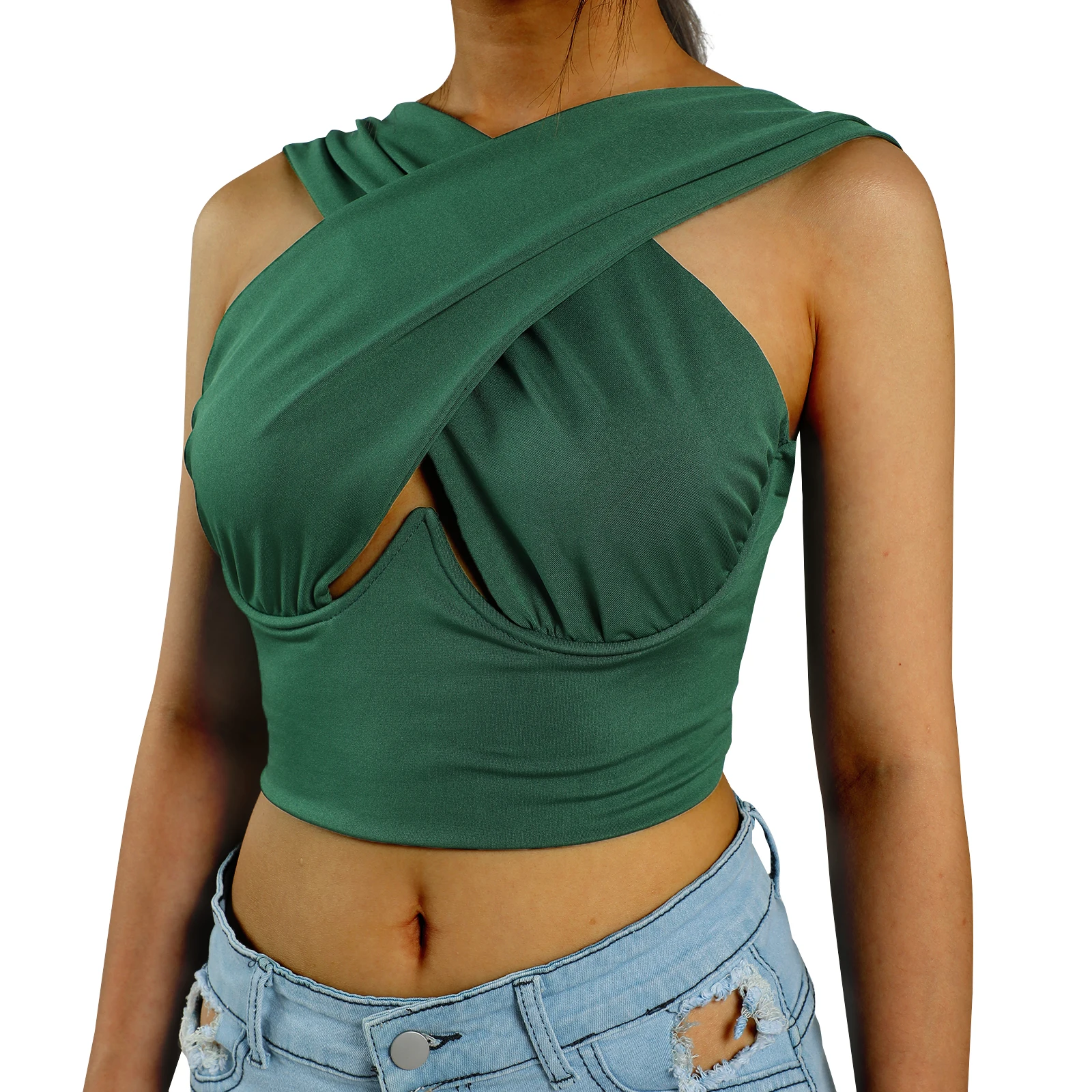 Women's Criss Cross Tank Tops Sexy Sleeveless Solid Color Cutout Front Crop Tops Party Club Streetwear Summer Lady Bustier Tops