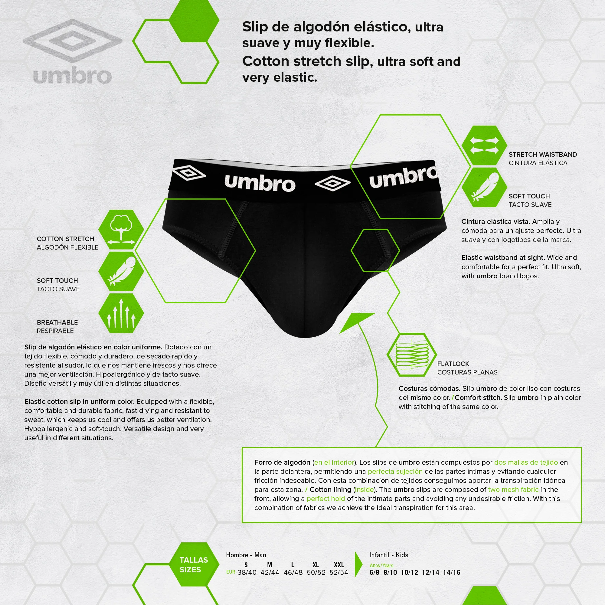 UMBRO calzoncillos tipo slip pack de 12 unidades en color negro azul y gris para hombre