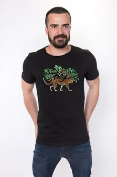 

Angemiel Wear Hey Written Cheetah Cotton Black Male T-Shirt