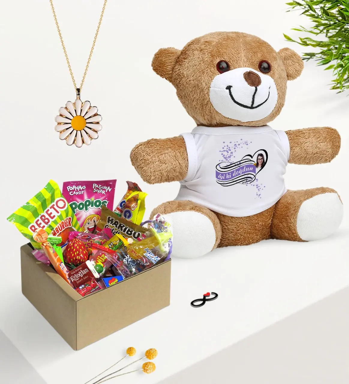 Personalized happy birthday Nostalgic Lezzetler Plush Teddy Bear Daisy Necklace Gift Set-4 | Дом и сад