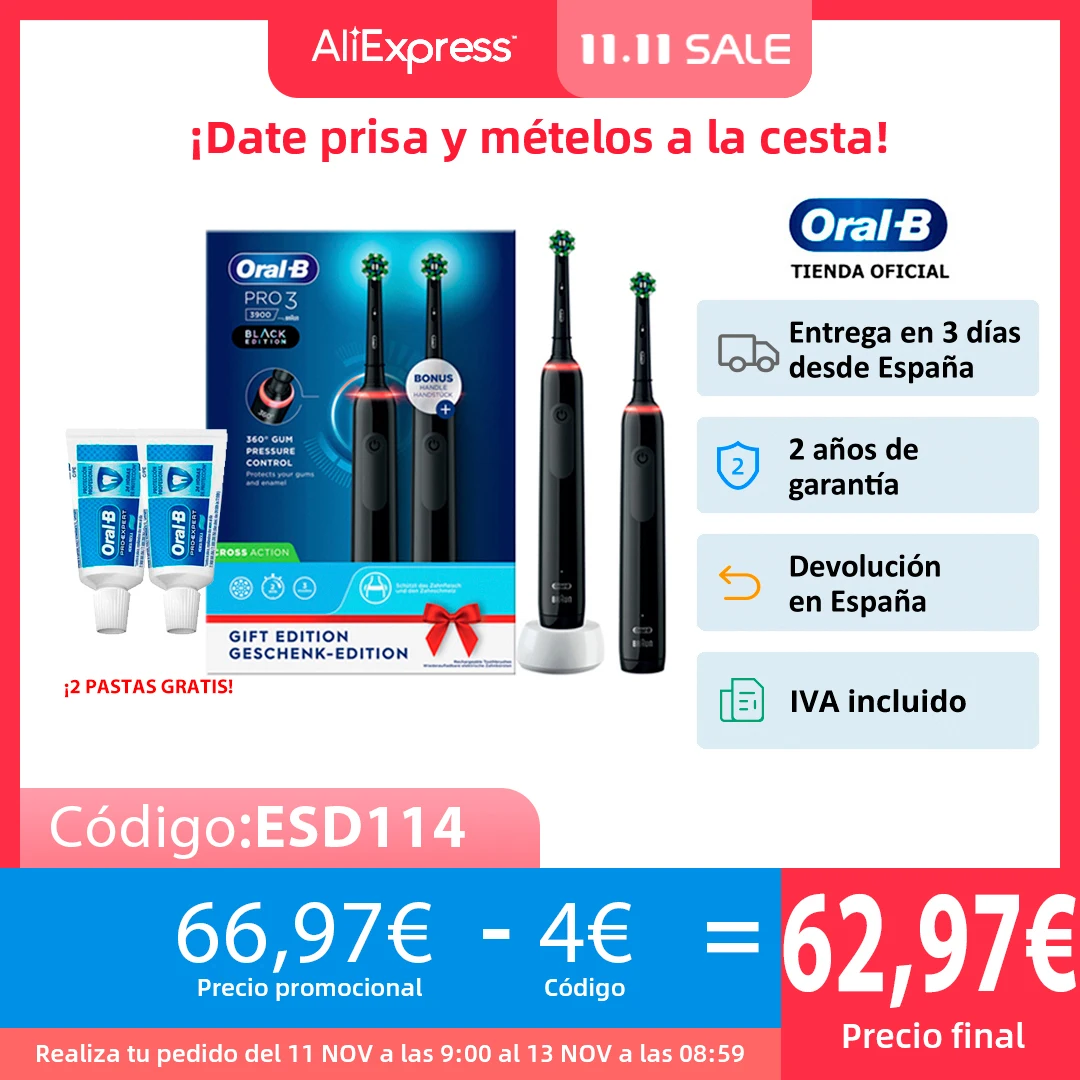 Oral B Pro 3 3900, Pack 2 Cepillos Oral B Recargables, Cepillo de dientes eléctrico, 3 Modos, Temporizador, Sensor de Presión, Cepillo Oral B Eléctrico - Top 100 hogar y jardín