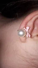 JIOFREE-pendientes con Clip de estilo coreano para mujer, sin perforaciones, Perla colgante de imitación, lazo rosa y blanco, pendientes sin perforaciones