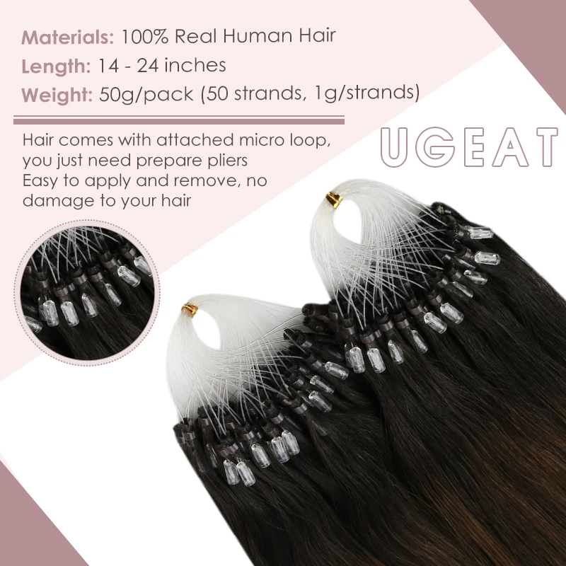 Ugeat Micro Loop Hair Extensions 100% Real Human Hair 14-24&rdquo; Balayage Micro Bead Extension Remy Link Human