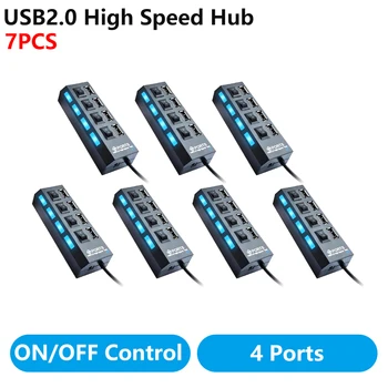 

[7 PCS] USB HUB with switch 4 USB 2.0 Connection Ports USB Power Adapter High Speed HUB Splitter USB 2.0 Expander