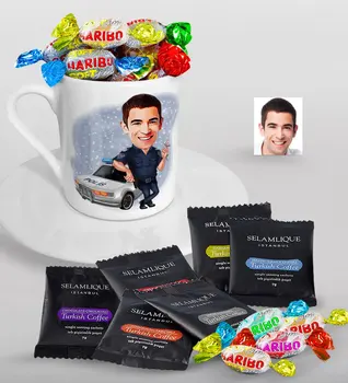 

Personalized Mr Traffic Police Caricature Of Turkish Coffee Cup Selamlique Mixed Turkish Coffee house And Haribo Candy Gift Seti-1