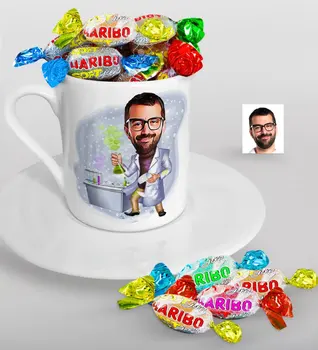 

Personalized Mr Chemist Caricature Of Turkish Coffee cup And Haribo Candy Gift Seti-1