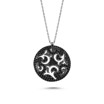 

KUTAYDAN Openwork Pattern Black Zircon Stone Round Ghost Pendant 925 Sterling Silver