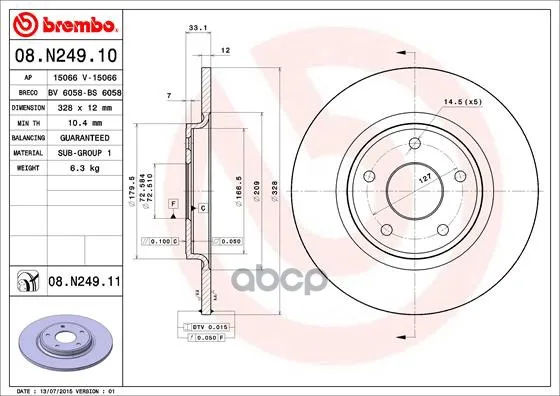 Диск Тормозной Задн, Chrysler: Grand Voyager V 07- Fiat: Freemont 11- Lancia: Voyager Mpv 11-14 Brembo арт. 08.N249.11
