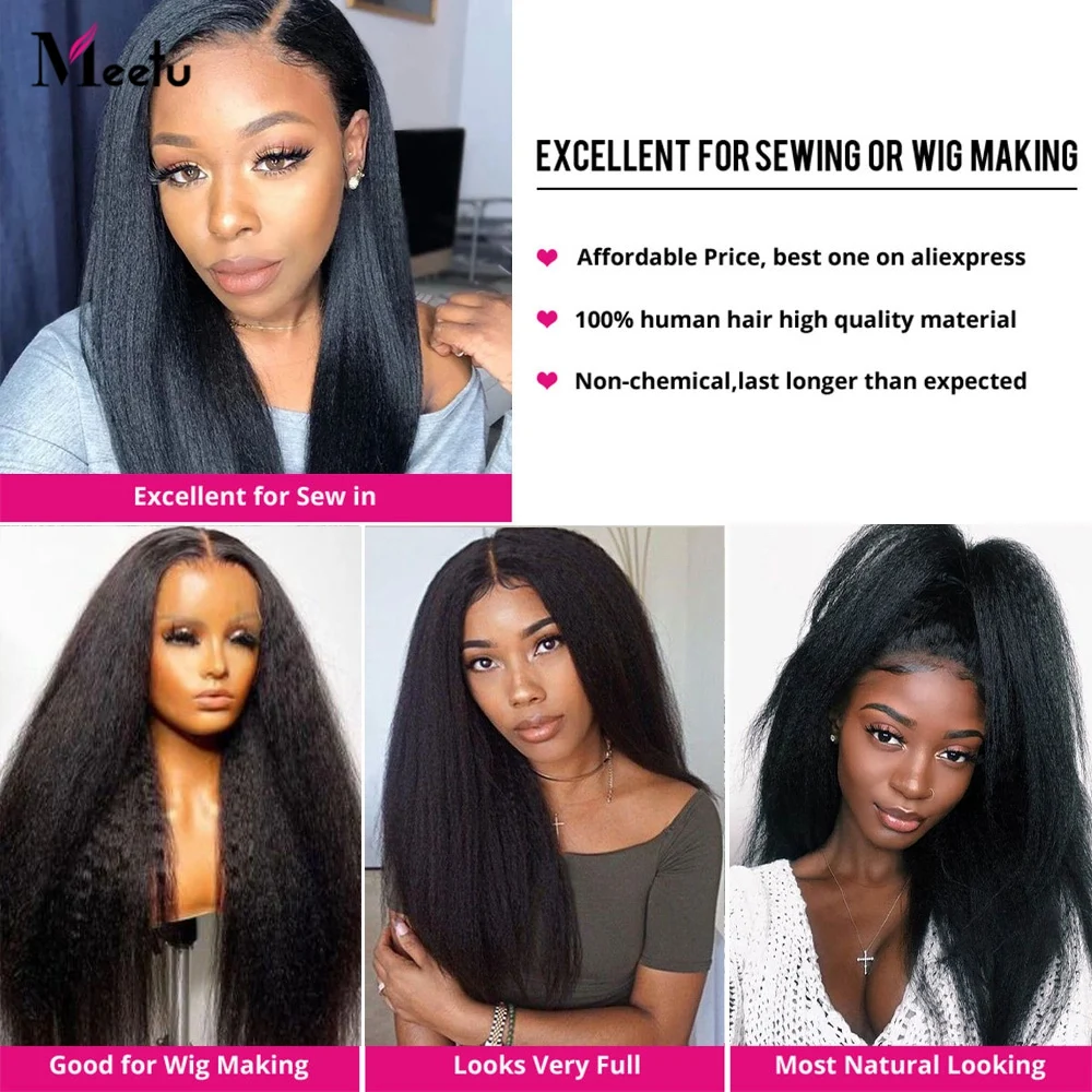 Meetu Kinky Straight Bundles with Closure 4x4 Closure with Bundles 100% Yaki Human Hair Brazilian