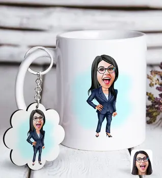 

Personalized Women 'S Boss Caricature Of White mug And Keychain Gift set-4
