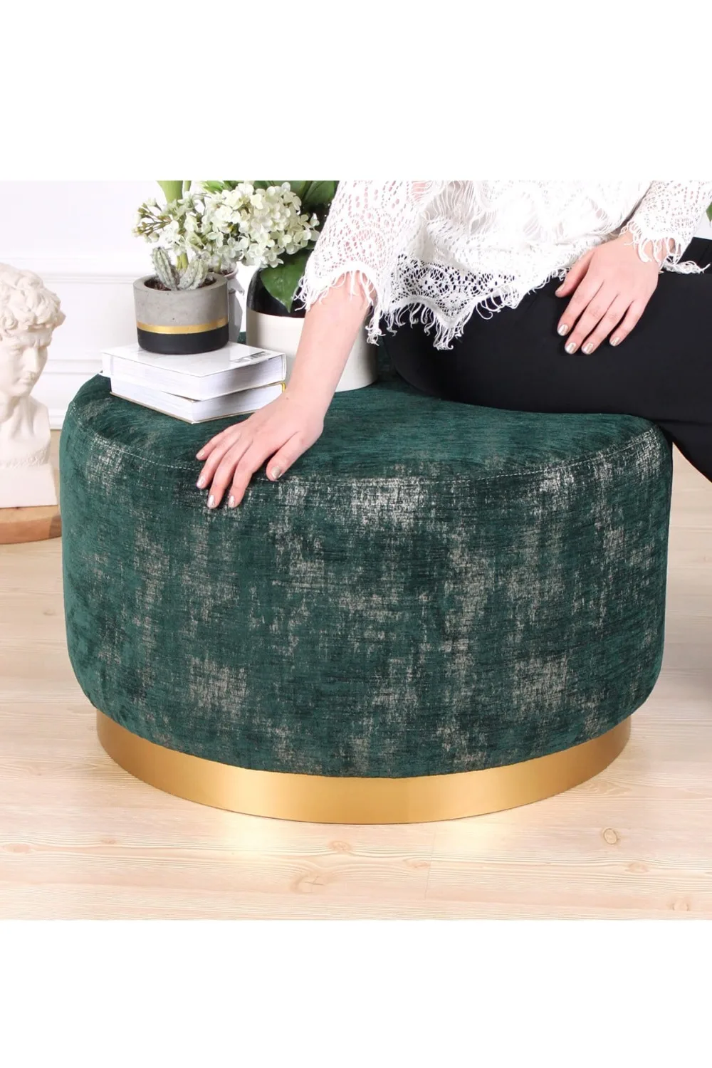Lorence Home Nifty Pouf - Emerald Green Gold Stool Flannel Chair Solid Color Sofa Pedal Round Stools Ottoman Pouf4
