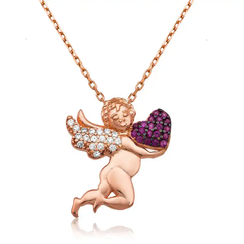 

Silver Heart Holding Angel Lady Necklace