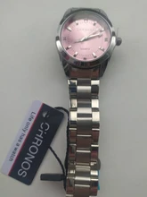 CHRONOS-Reloj de acero inoxidable con diamantes de imitación para mujer, pulsera de plata, cuarzo, resistente al agua, analógico, de negocios, esfera rosa y azul