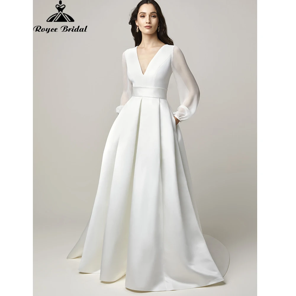 

Elegant V-neck Sashe Full Lantern Sleeve Ball Gown Wedding Dress 2022 Satin Bridal Gown Sweep Backless Floor-Length vestidos