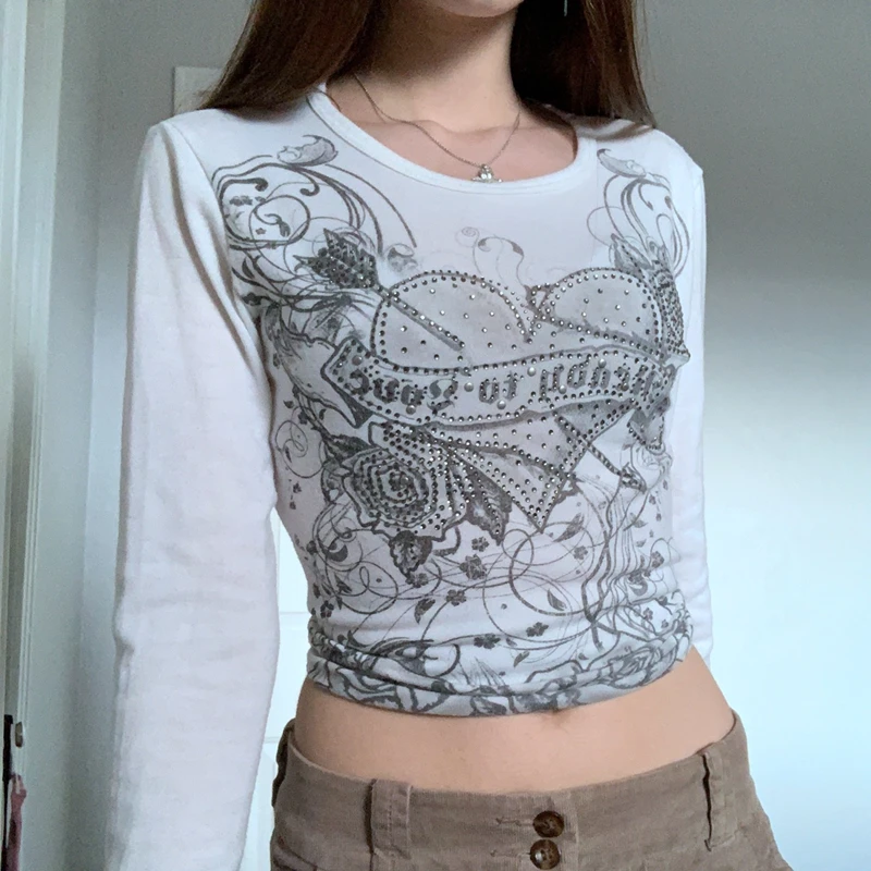 Xingqing Angel Wings Print Tops Fairy Grunge Graphic T Shirts Vintage Indie Aesthetic Clothes Cyber Y2k Slim Long Sleeve Top couple t shirt