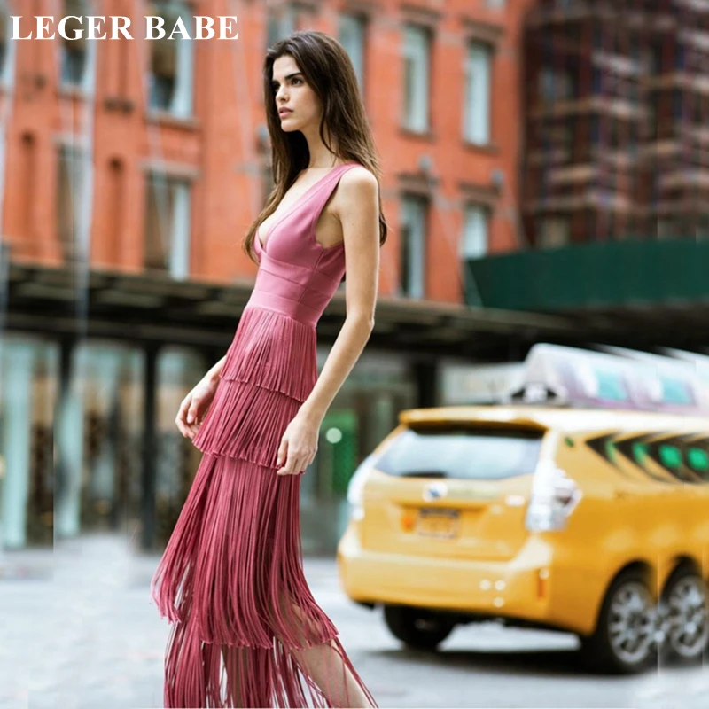 LEGER BABE Осень черный розовый бахрома без рукавов облегающее платье Макси Сексуальное V образным вырезом с длинными кисточками для женщин Vestidos высокое качество