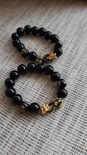 Feng Shui-pulsera de cuentas de piedra obsidiana Unisex, brazalete de oro negro, Pixiu, riqueza, buena suerte