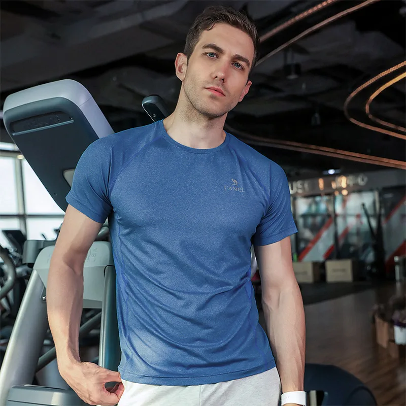 CAMEL Gym T-Shirts Dry Fit Men Sports Fitness Training Outdoor Workout Short Sleeve High Elastic Crossfit Tops Tights