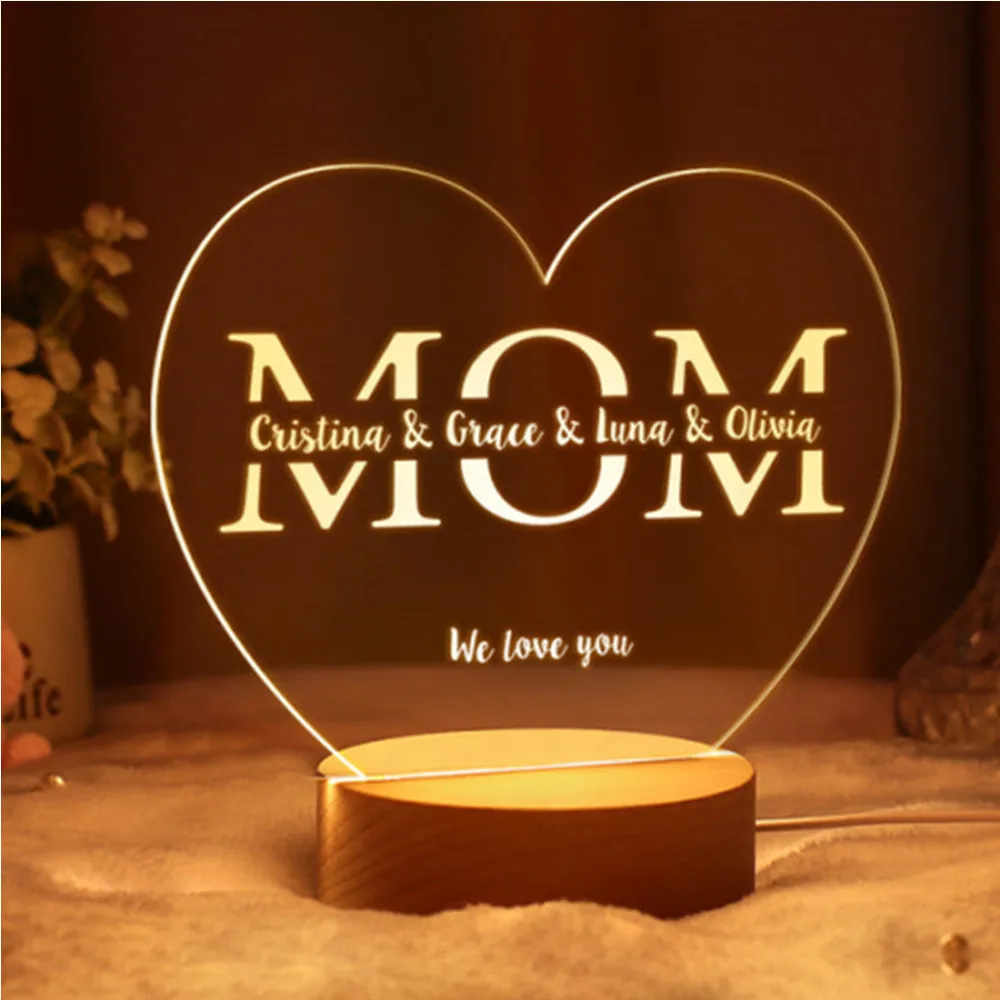 Personalized Family Tree Night Light Heart Names up to 12 Names USB Led Wooden Base Lamp for Mother’s Day Christmas Mom Gift