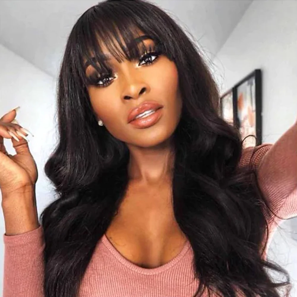 Yaki Straight Lace Front Wigs With Bangs T Part Synthetic Lace Front Fringe Wigs Heat Resistant Fiber Hair PrePlucked Hairline