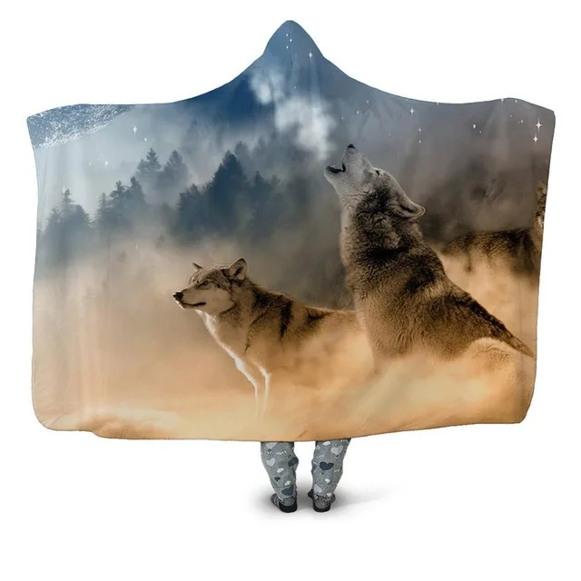 Плюшевое одеяло с капюшоном с принтом волка для взрослых и детей, теплое домашнее одеяло, Двухслойное Флисовое одеяло для кровати, переносное одеяло для кемпинга, s - Цвет: picture color