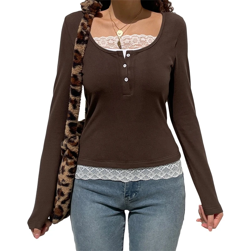 Korean Cute Y2K Retro Cotton Tops Lace Patchwork Buttons Kawaii Tshirts Autumn Square Collar Chic Casual Shirts