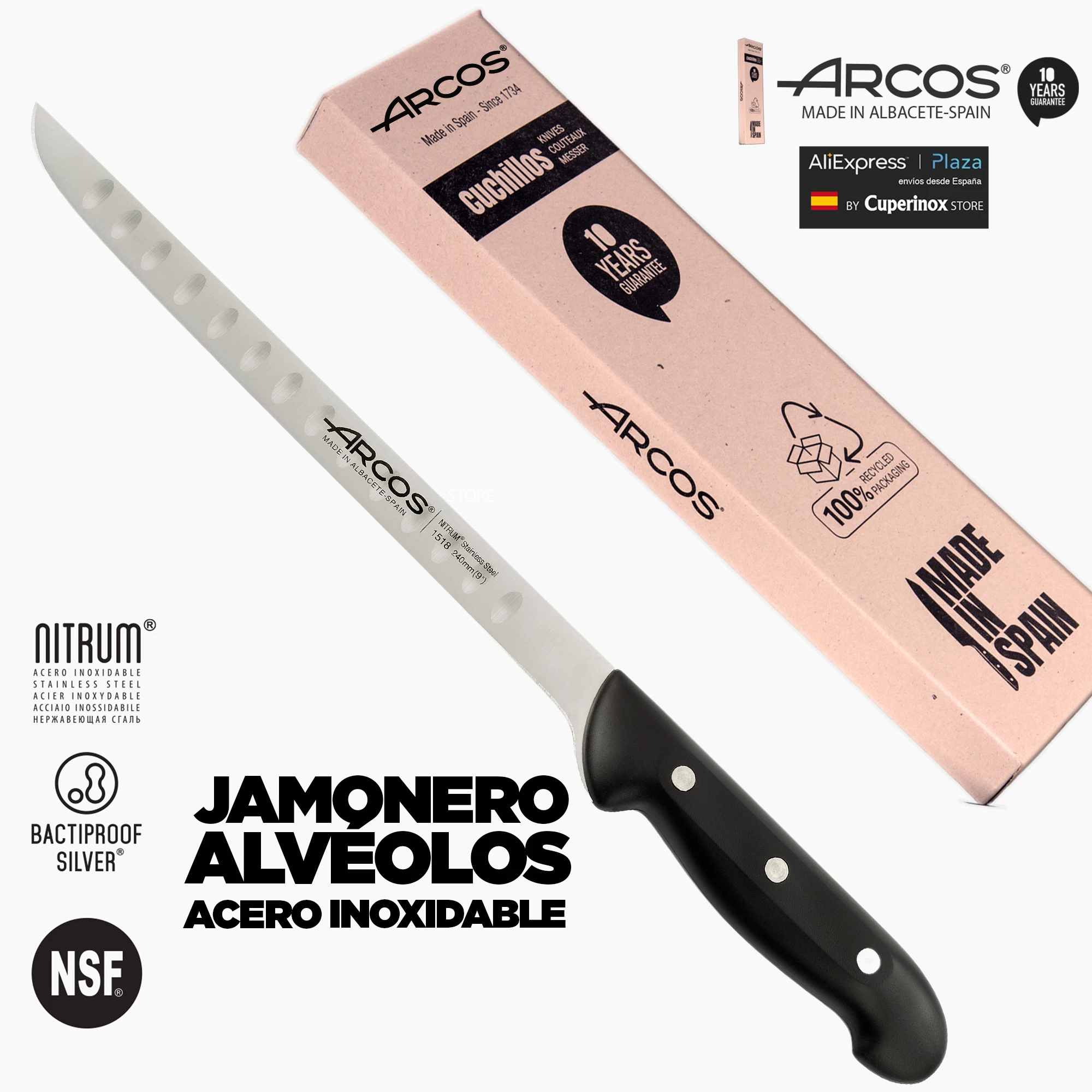 Professional jamonero knife arches with alveoli, with 240 mm blade in