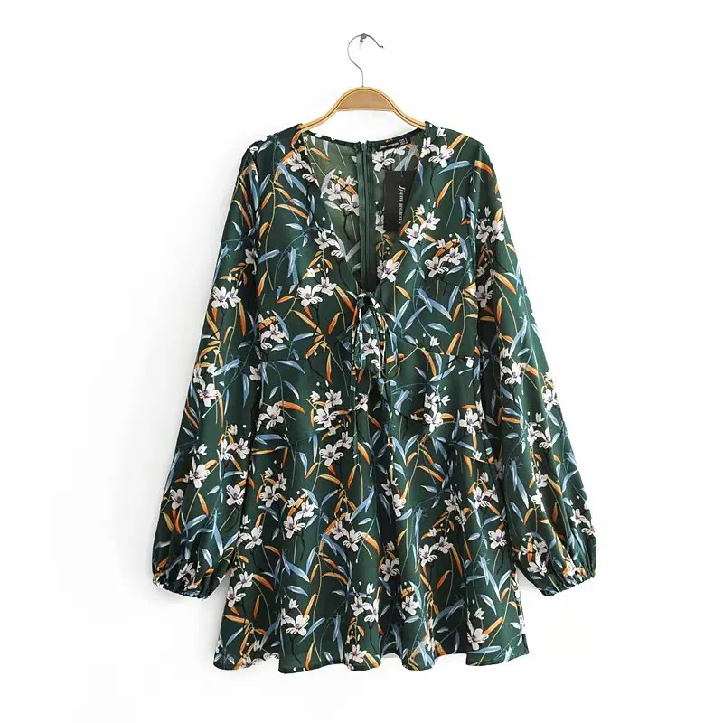 

2019 autumn green print chiffon dress deep V-neck long-sleeved dress waist A version dress mini dress