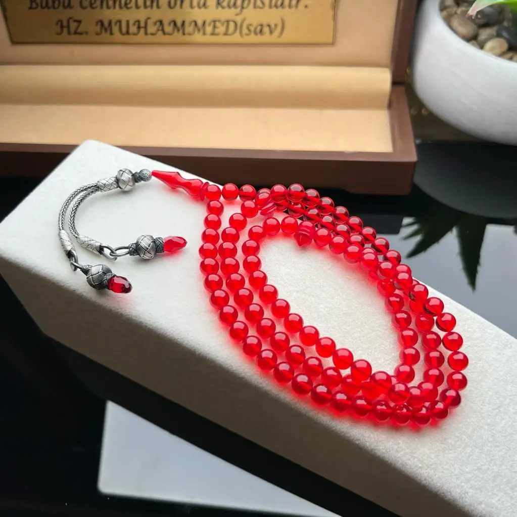 

99 stone Prayer Rosary Red Fire Amber . tasbih silver kazaziye processing quality made in turkey tespih 33 gift