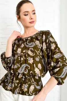 

Trend Alacati Style Women Green Bike Collar Waist Fitted Balloon Sleeve Weaving Blouse ALC-020-029