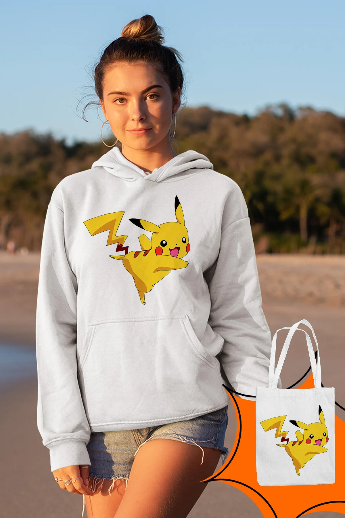 Женская толстовка с капюшоном Angemiel Wear Pikachu белого цвета | одежда