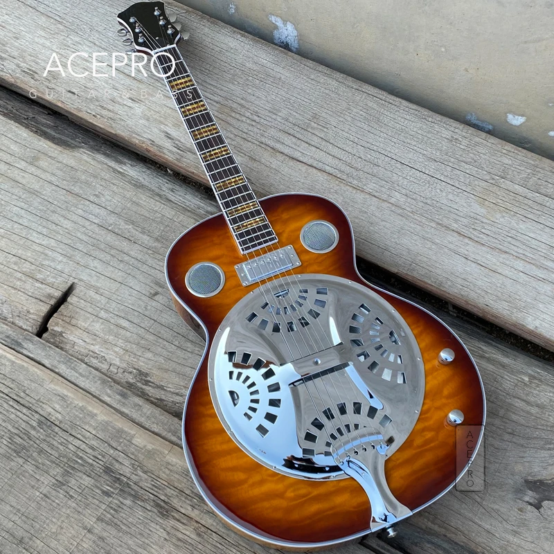 

Vintage Sunburst Resonator Steel Electric Guitar, Quilted Maple Top and Back, Mini Humbucker Pickups, High Quality Guitrra