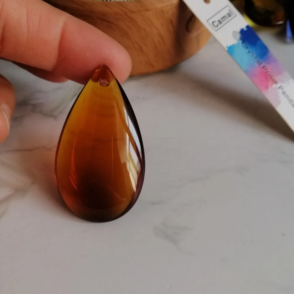 Amber Crystal Smooth Teardrop Prisms Pendant Lamp 10pcs Camal 47mm Chandelier Hanging Ornament Wedding Home Party Jewelry Craft