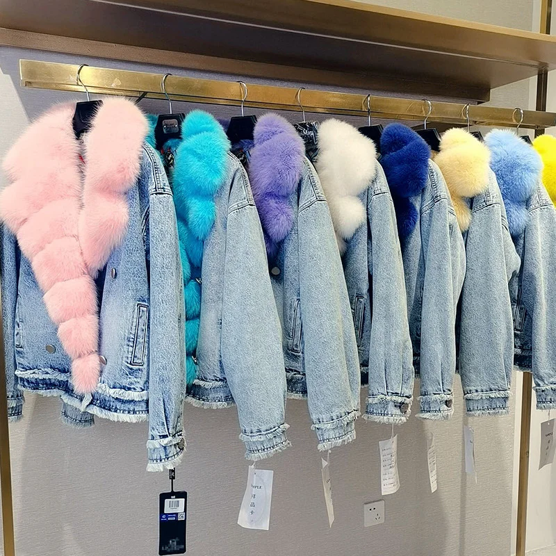 Denim Coat with Real Large Fox Fur Collar for Women, Furry Jacket, Fluffy Suit, Luxurious Brown and Yellow Coat, Winter Fashion