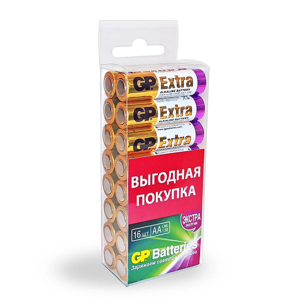 Комплект из 16 батареек АА (LR6) GP Extra Alkaline с продолжительным сроком службы (15AX-2CRB16) |