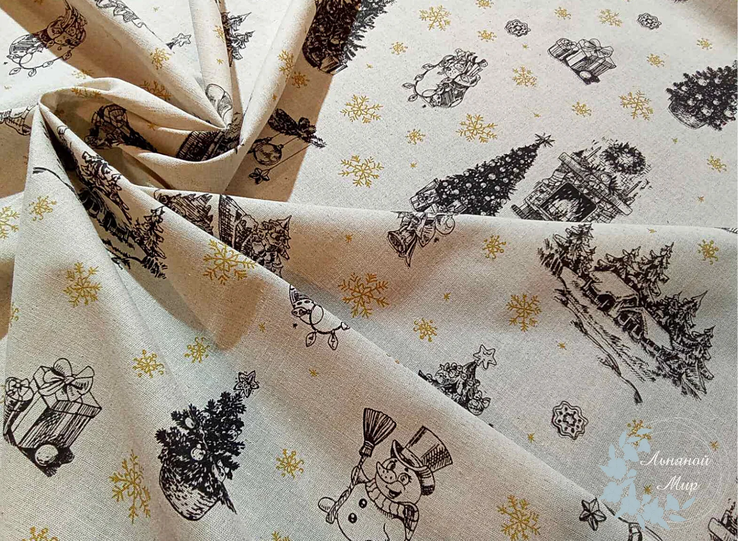 ткань лен хлопок льняная снеговики ширина 150см | Дом и сад