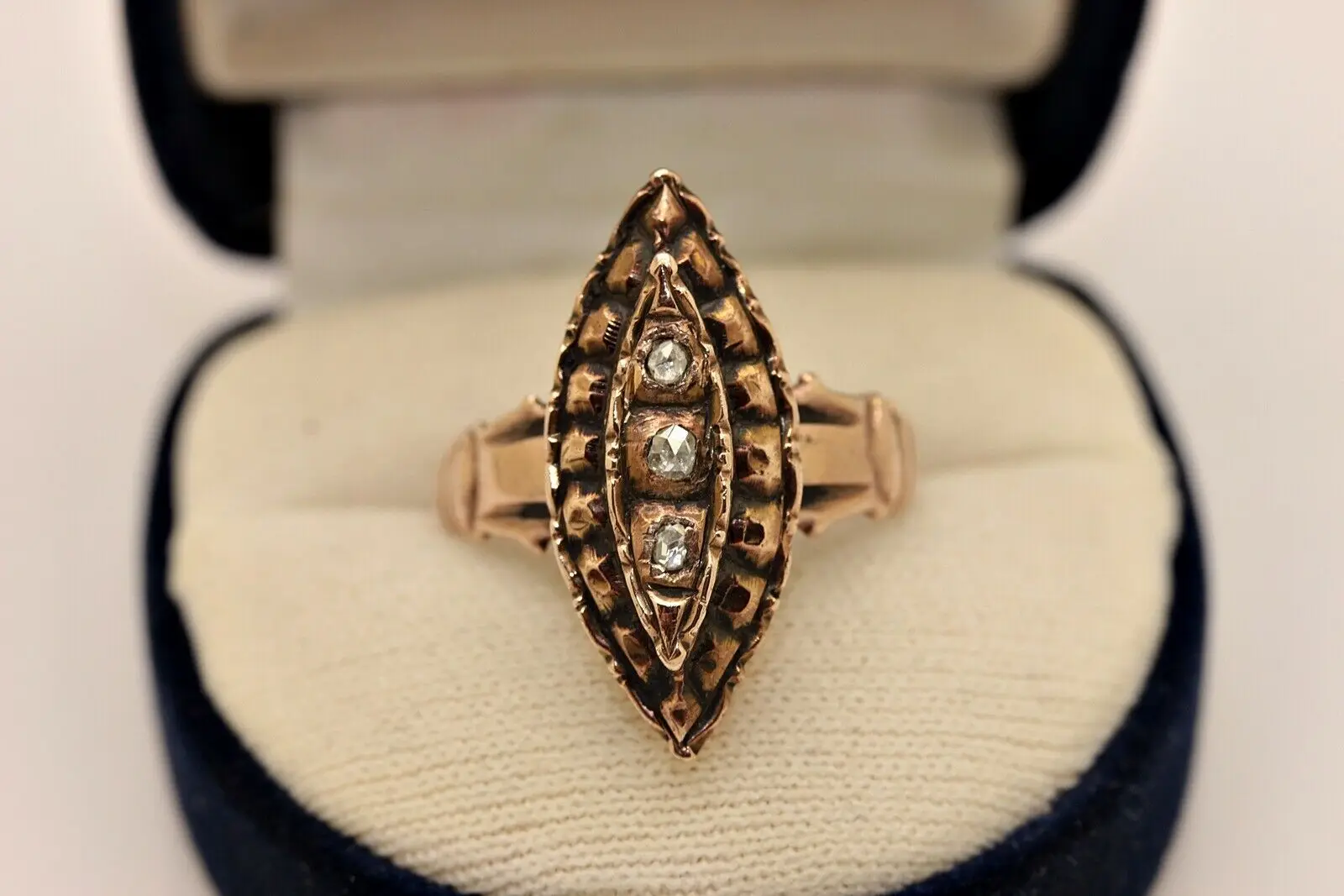 

ANTIQUE VICTORIAN NAVETTE PERFECT 8K GOLD ROSE CUT DIAMOND DECORATED PRETTY RING