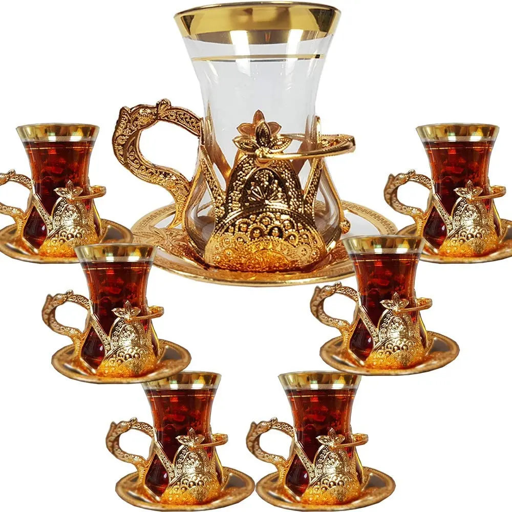 Authentic Handmade Turkish Tea Serving Set Glasses Saucer Set of 6 