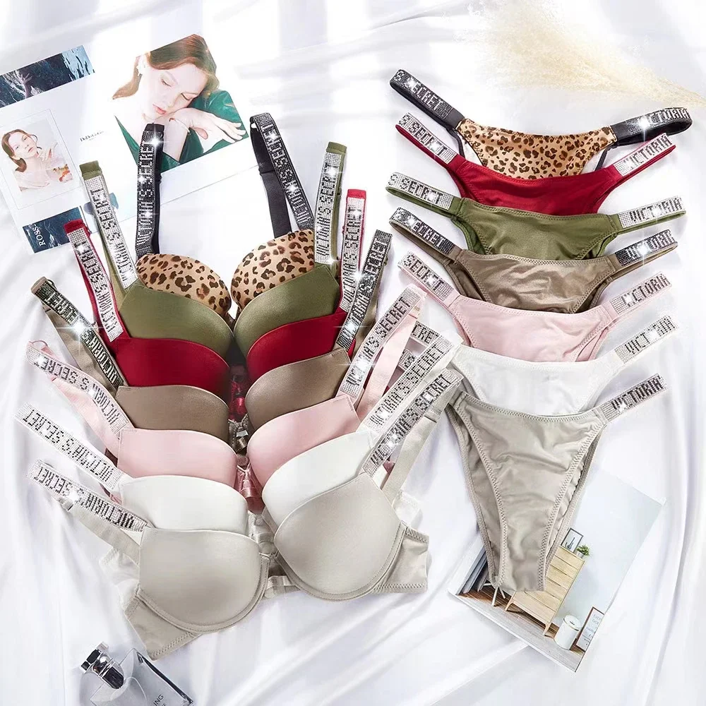2022 NEW Victoria's Secret Sexy Hollow Out Underwear Plus Size Rhinestone Lingerie Set Women Push Up Bra And Panty |