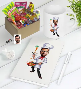 

Personalized Men Chef Caricature Of Nostalgic Lezzetler Notebook Pen Mug Gift set