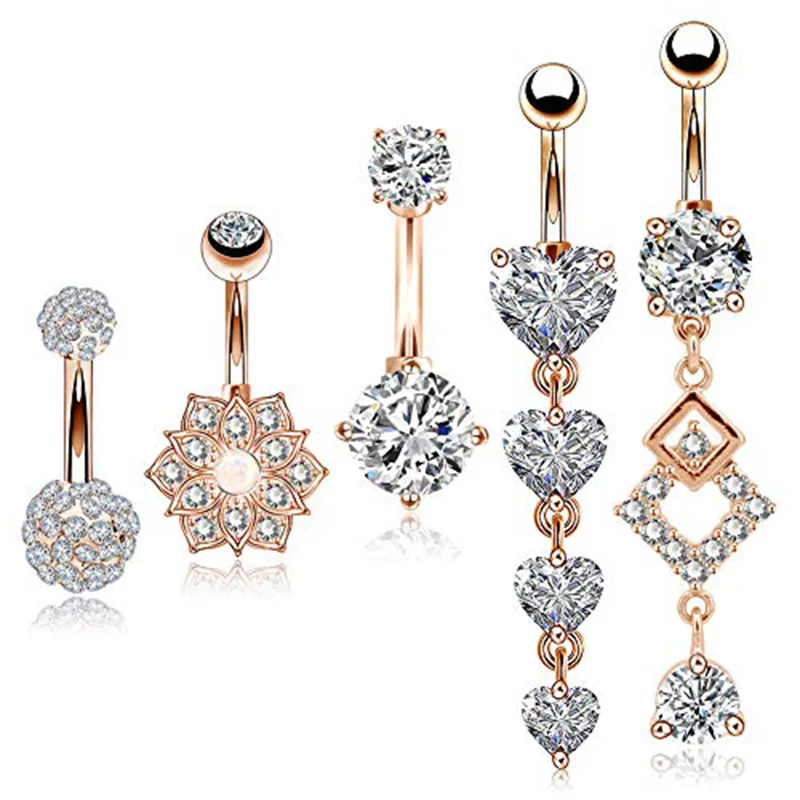 5 pcs rose gold Тело панк 5 шт./компл. 14 г пирсинг для пупка сердце подвеска для пупка кольца мяч ювелирные изделия Хирургическая сталь прозрачный CZ Ombligo женщины - Окраска металла: 5 pcs rose gold