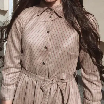 

Women A-line dress below the knee, casual solid striped high waist turn-down collar autumn 20/21