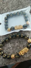 Feng Shui-pulsera de cuentas de piedra obsidiana Unisex, brazalete de oro negro, Pixiu, riqueza, buena suerte