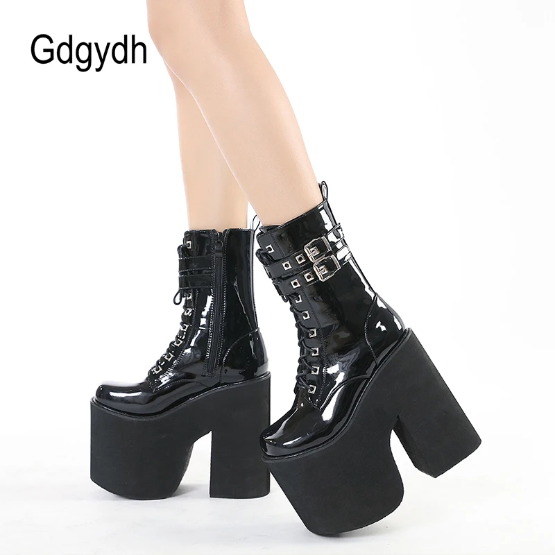 

Gdgydh Buckle Strap Platform Boots Extreme High Heels Cool Punk Womens Mid Calf Boots Goth Shoes for Nightclub Patent Leather