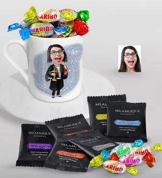 

Personalized Women 'S Attorney Caricature Of Turkish Coffee Cup Selamlique Mixed Turkish Coffee house And Haribo Candy Gift Seti-1