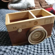 Organizador de maquillaje para el hogar, porta lápiz de madera con cámara creativa