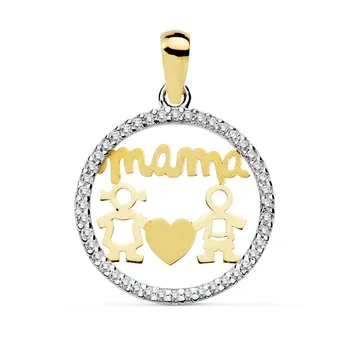 

18k gold pendant MOM 16mm. Boy Girl zircons openwork [AC0100]