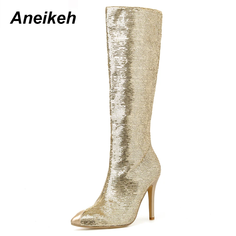 Golden Aneikeh/модные золотистые блестящие ботинки с блестками; женские пикантные ботфорты с острым носком; высокие сапоги до бедра с блестками на высоком каблуке - Color: Golden