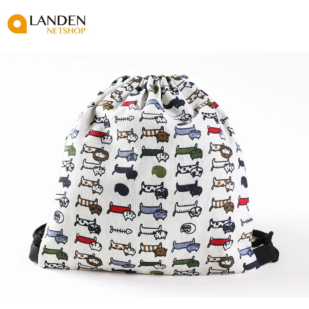 Mochila de cuerdas tipo saco de lienzo Mochila estilo casual con gatos y fresas para chicas mujer